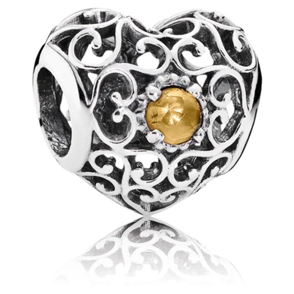 PANDORA November Signature Heart Charm Citrine Authentic Silver Birthstone - Picture 1 of 10